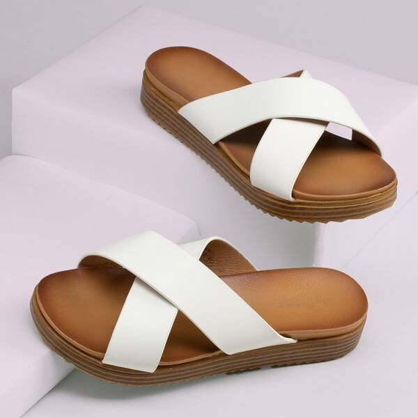 

Open Toe X Band Platform Slide Sandals, White