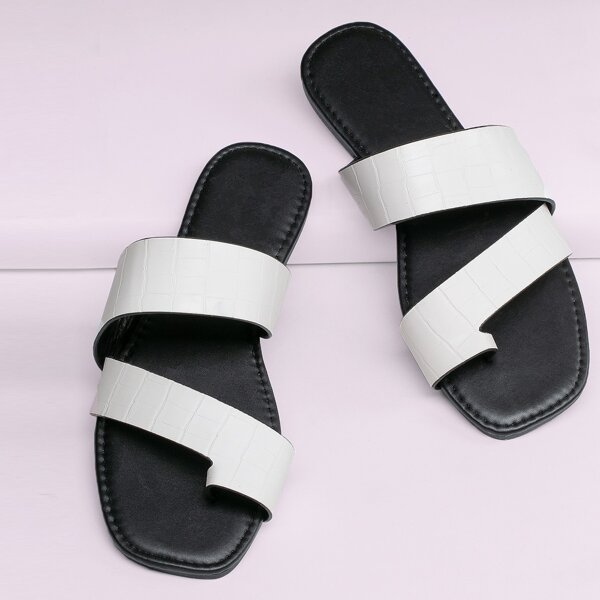 

Toe Circle Alligator Embossed Flat Slide Sandals, White
