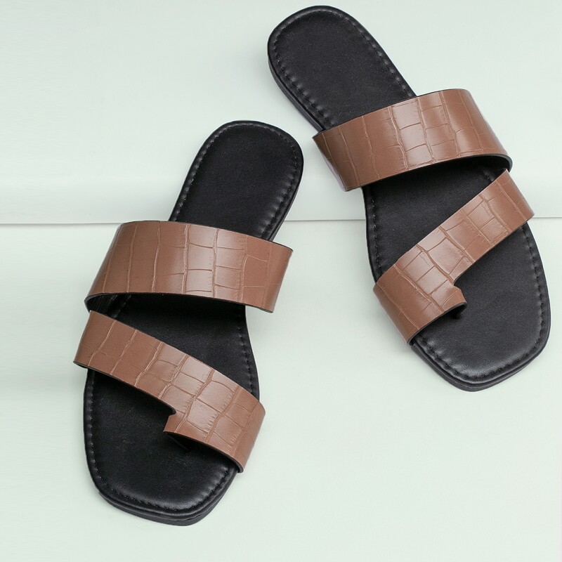 

Toe Loop Crocodile Embossed Slide Sandals, Brown