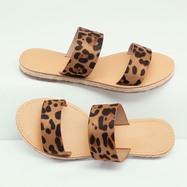 

Double Band Open Toe Leopard Slide Sandals, Multicolor