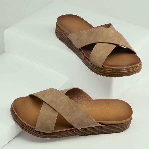 

Open Toe Cross Band Flatform Slide Sandals, Camel