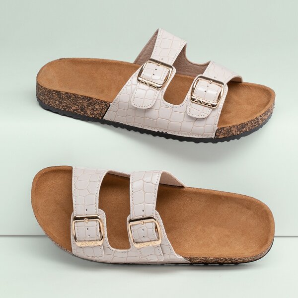 

Double Buckle Croc Band Footbed Slide Sandals, Beige