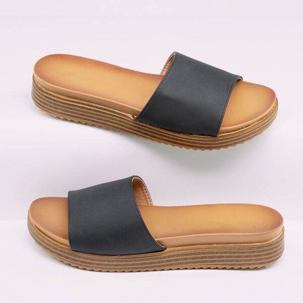 

Wide Band Open Toe Flatform Slide Sandals, Black