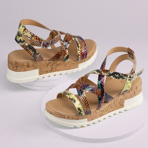 

Strappy Snakeskin Open Toe Flatform Sandals, Multicolor