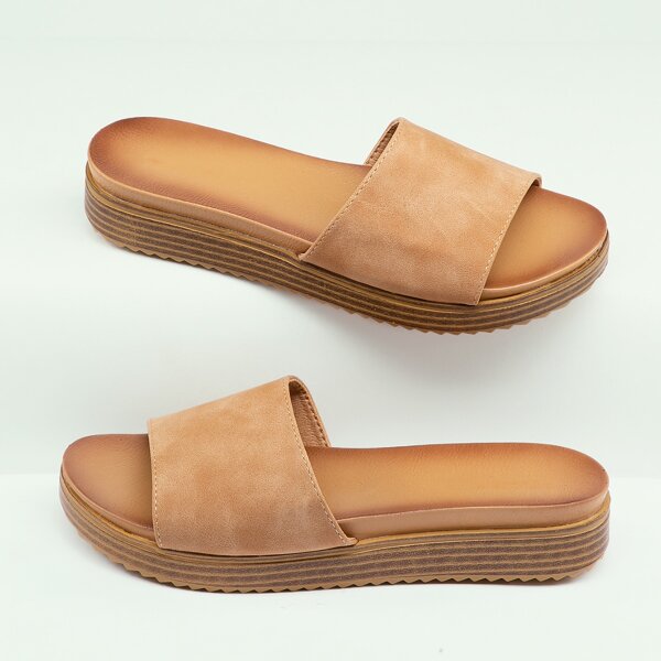

Thick Band Open Toe Platform Slide Sandals, Brown