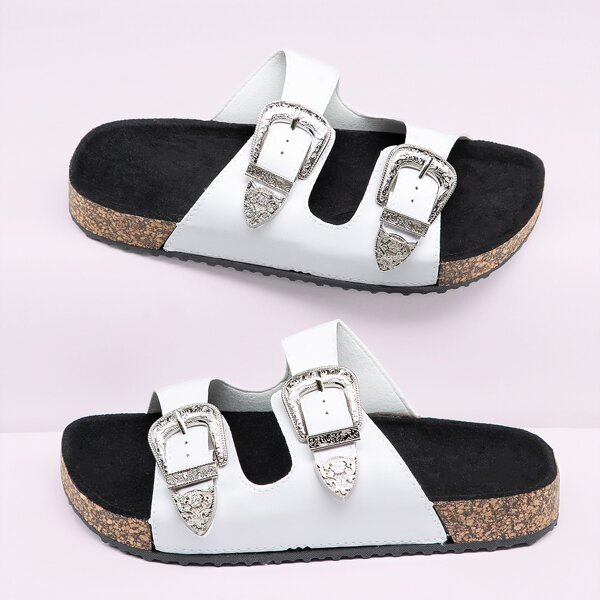 

Western Buckle Double Band Cork Sole Slide Sandals, White