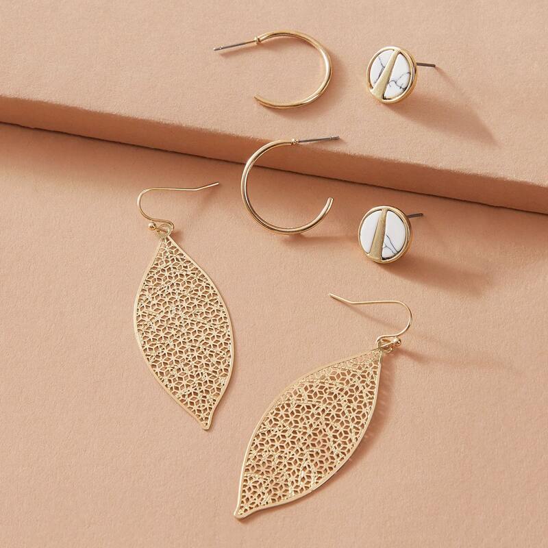 

3pairs Hollow Out Leaf Shaped Earrings, Gold