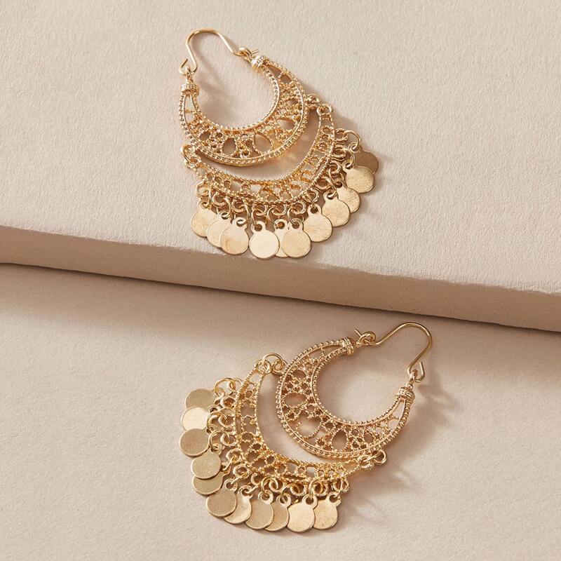 

1pair Hollow Out Dics Charm Drop Earrings, Gold