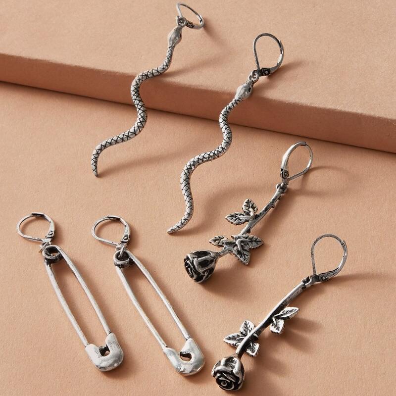 

3pairs Serpentine & Rose Charm Earrings, Silver