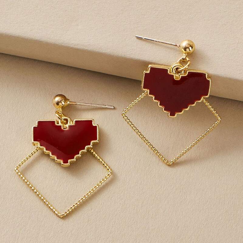 

1pair Heart & Geometric Drop Earrings, Red