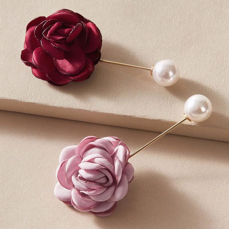 

2pcs Flower & Faux Pearl Decor Brooch, Multicolor