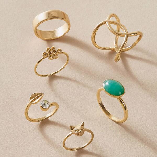 

6pcs Rhinestone Engraved Ring, Gold