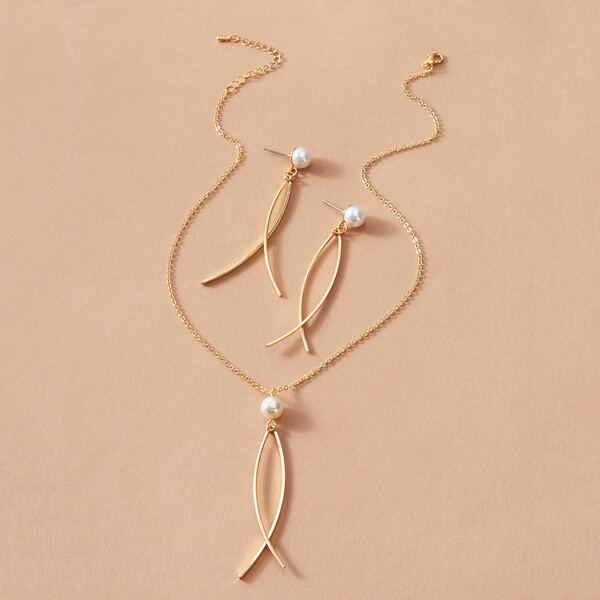 

3pcs Faux Pearl Decor Necklace & Earrings