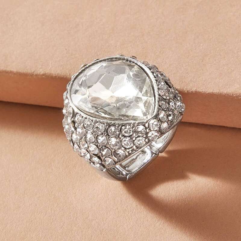 

1pc Rhinestone Engraved Decor Ring, Silver