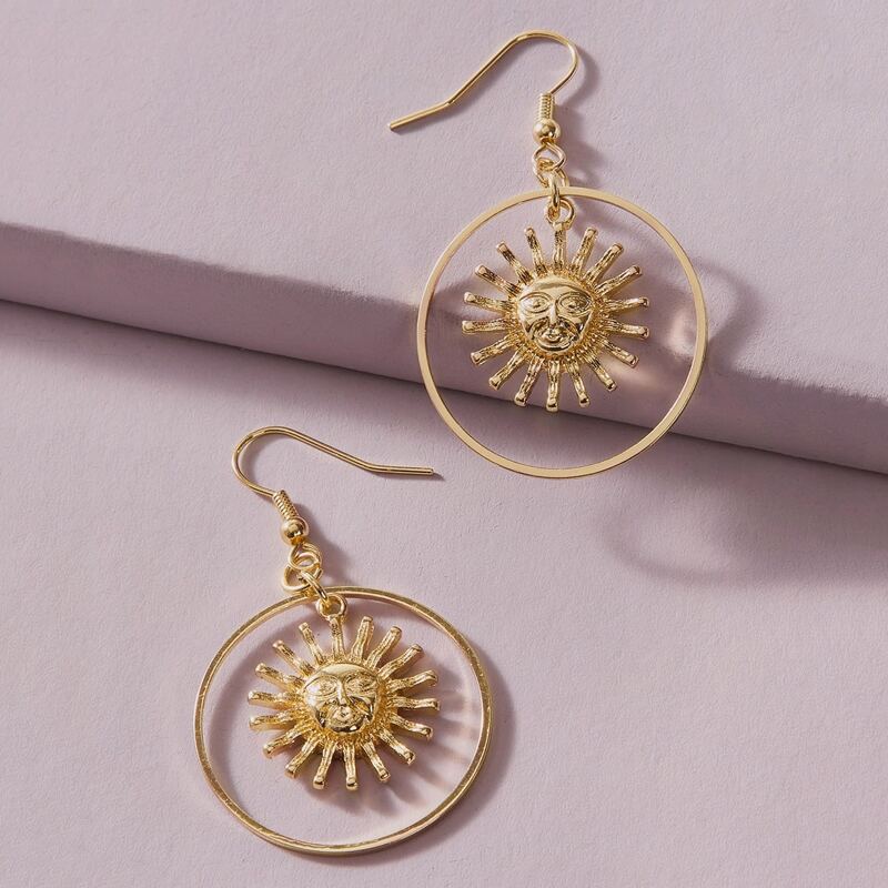 

1pair Metal Sun Decor Round Drop Earrings, Gold