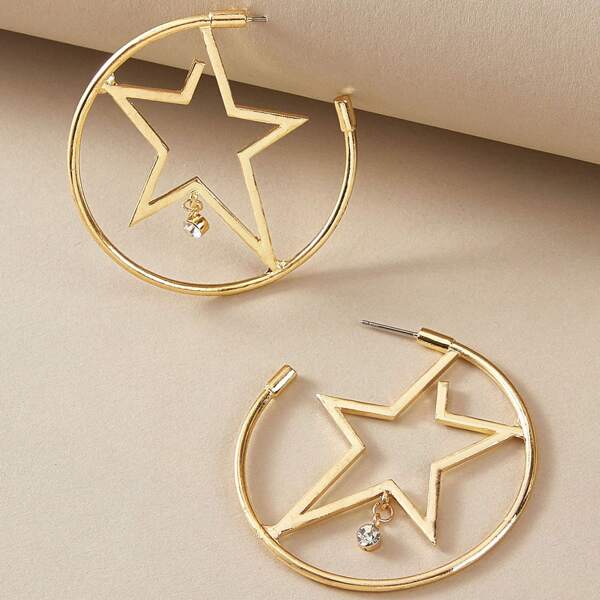 

1pair Hollow Out Star Detail Cuff Hoop Earrings, Gold