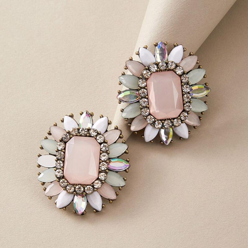 

1pair Rhinestone Decor Flower Shaped Stud Earrings, Pink