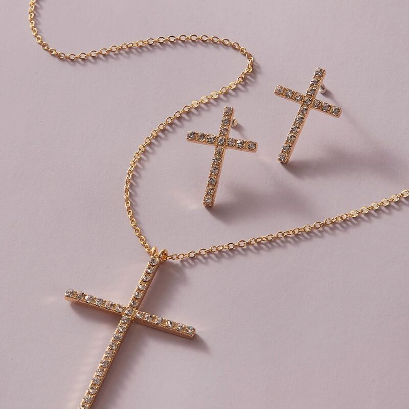

3pcs Rhinestone Engraved Cross Decor Necklace & Earrings