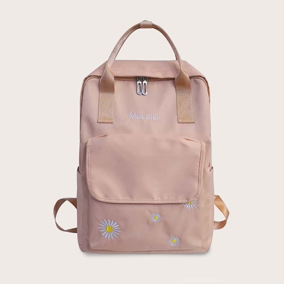 

Embroidered Flower & Letter Backpack, Pink