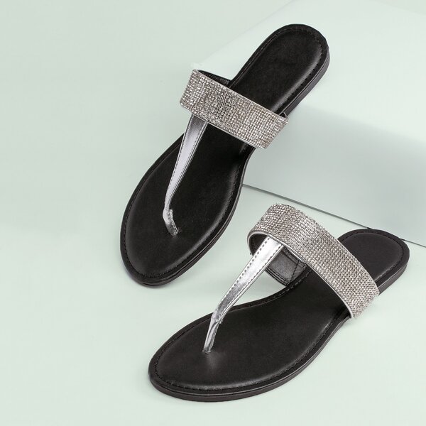

Rhinestone Band Flat Thong Sandals, Silver