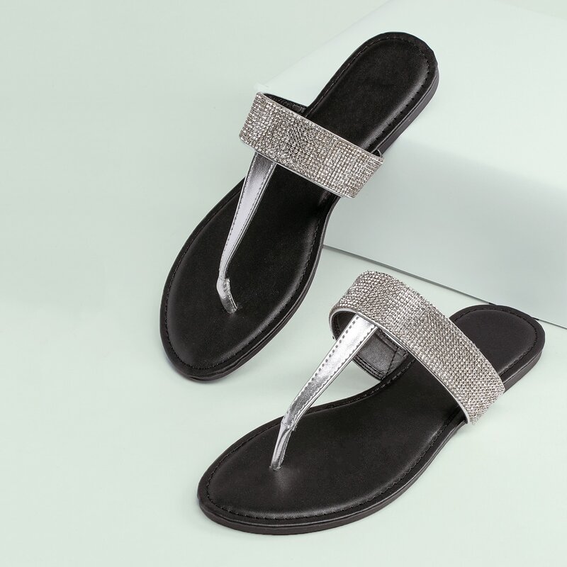 

Rhinestone Band Flat Thong Sandals, Silver