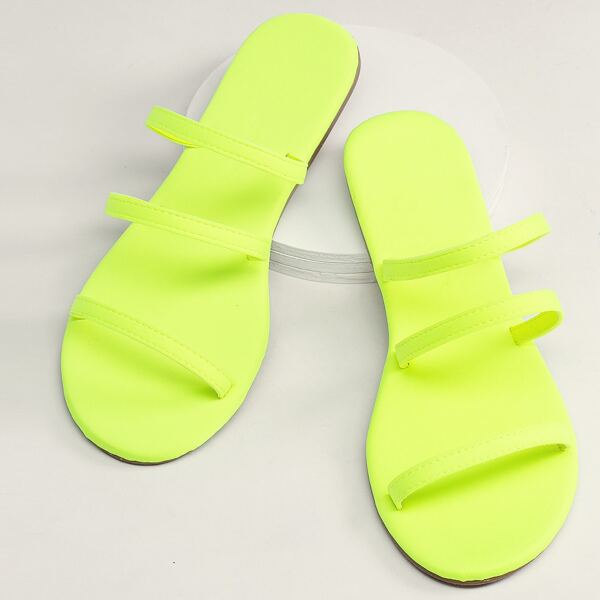 

Neon Triple Strap Open Toe Flat Slide Sandals, Green bright