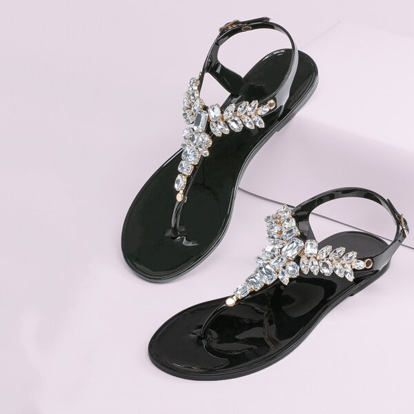 

Rhinestone Slingback Thong Jelly Sandals, Black