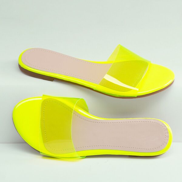 

Neon Colored PVC Open Toe Band Flat Slide Sandals, Yellow bright