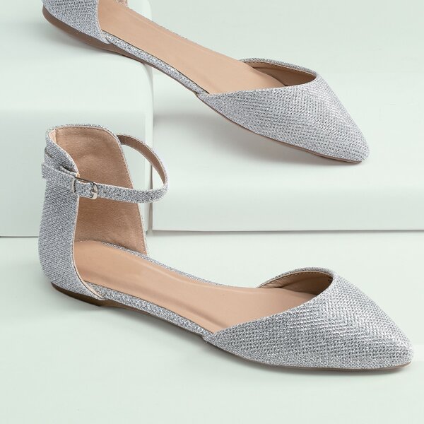 

Metallic Pointed Toe Ankle Strap Flats, Silver