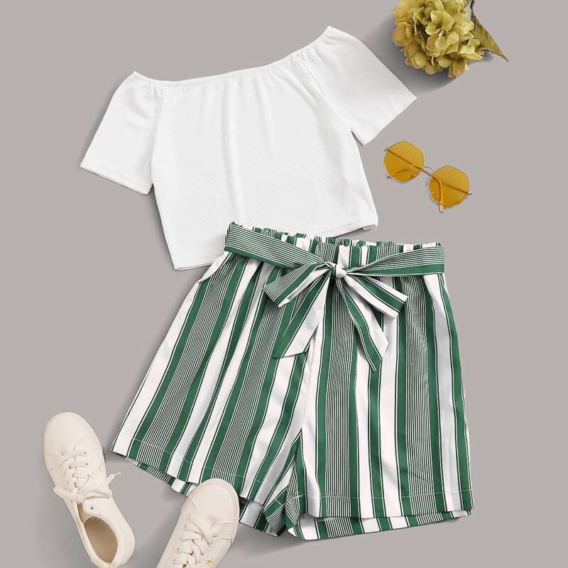 

Bardot Solid Tee & Striped Belted Shorts, Multicolor