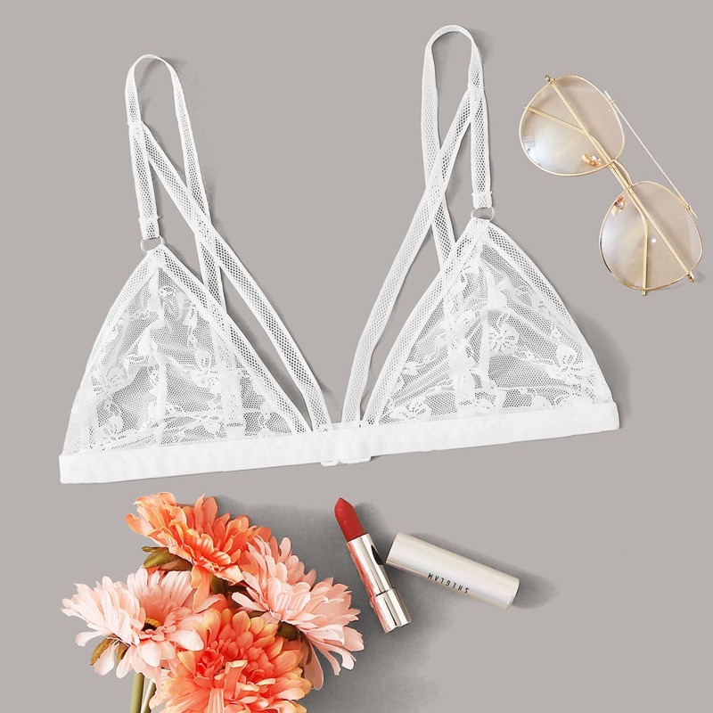 

Floral Lace Harness Bra, White