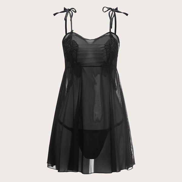 

Floral Applique Tie Shoulder Slips With Thong, Black