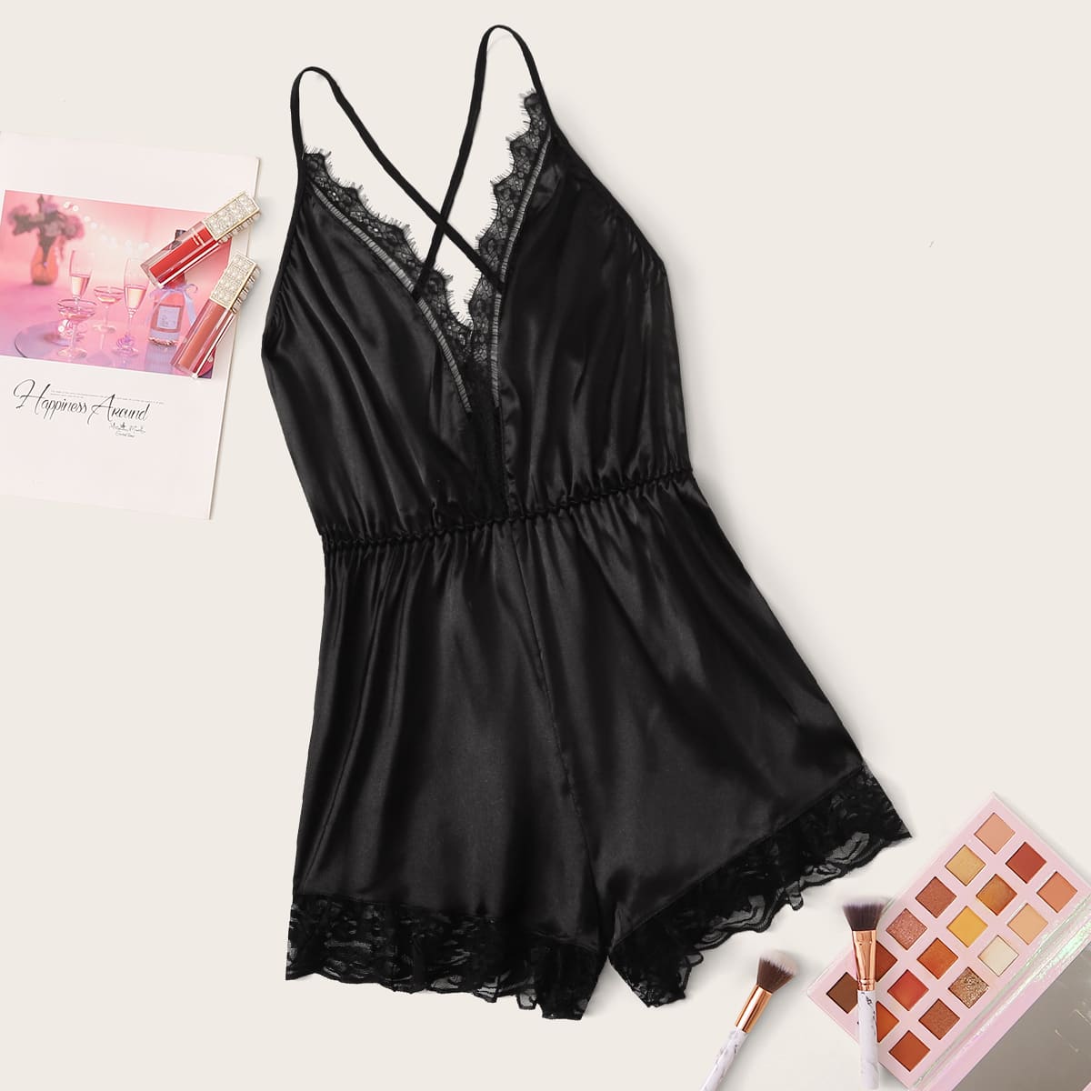 

Lace Trim Satin Romper, Black