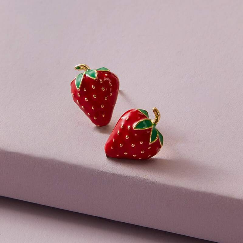 

1pair Strawberry Design Stud Earrings, Red