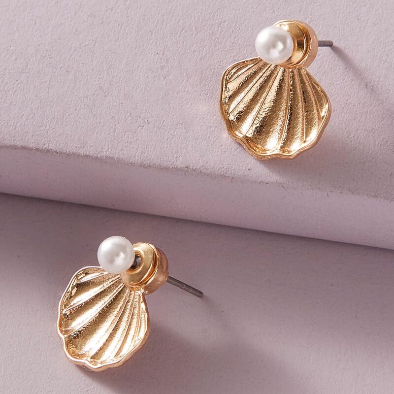 

1pair Pearl Decor Shell Shaped Earring Jackets, Gold