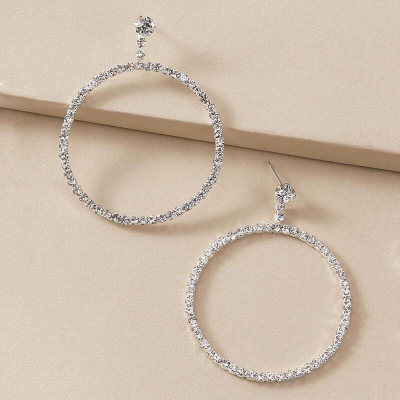 

1pair Rhinestone Decor Round Drop Earrings, Silver