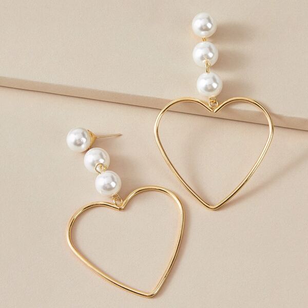 

1pair Pearl Decor Heart Shaped Drop Earrings, Gold