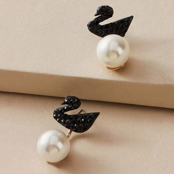 

1pair Swan Shaped Pearl Decor Stud Earrings, Multicolor