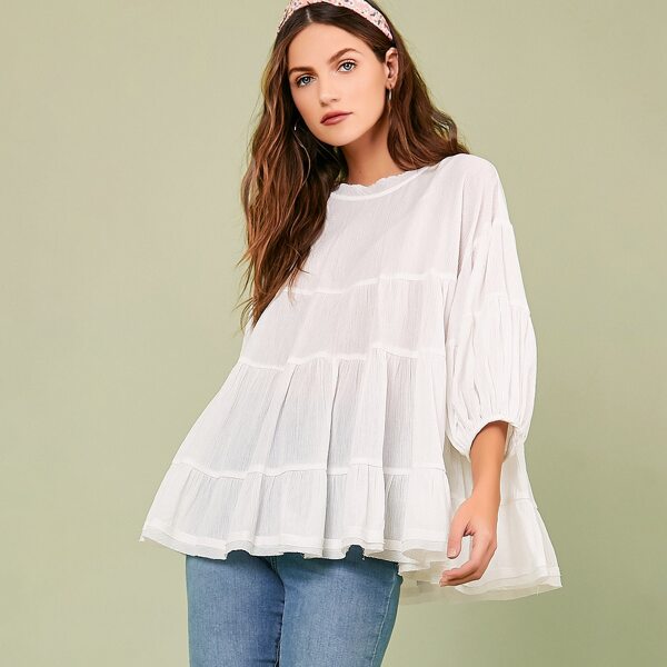 

Raw Edge Short Sleeve Shirred Baby Doll Top, White