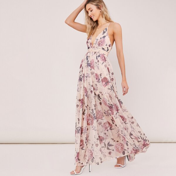 

Cross Spaghetti Strap Floral Maxi Dress, Multicolor