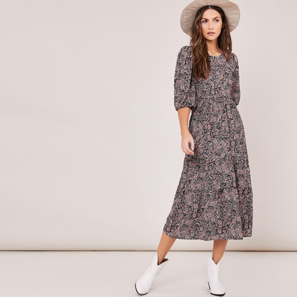 

Quarter Sleeve Floral Paisley Shirred Midi Dress, Multicolor