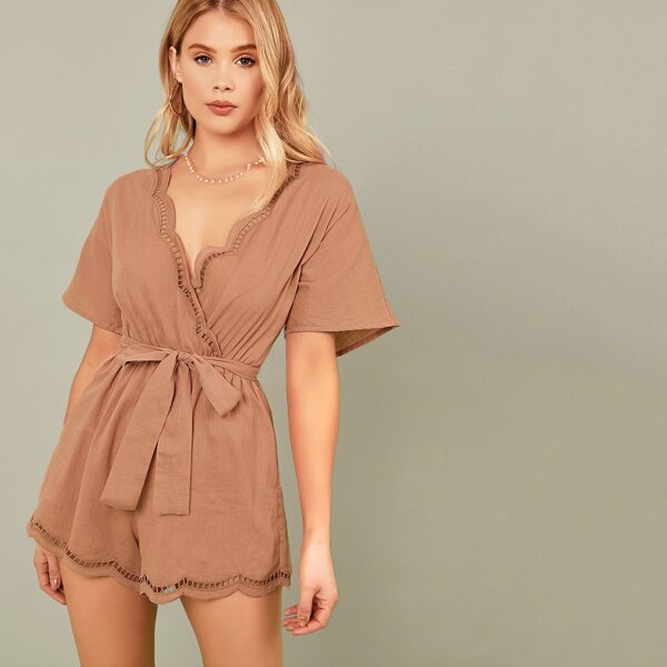 

Ladder Trim Waist Tie Short Sleeve Romper, Brown