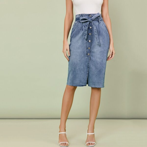 

Waist Tie Front Slit Midi Denim Skirt With Pockets, Blue