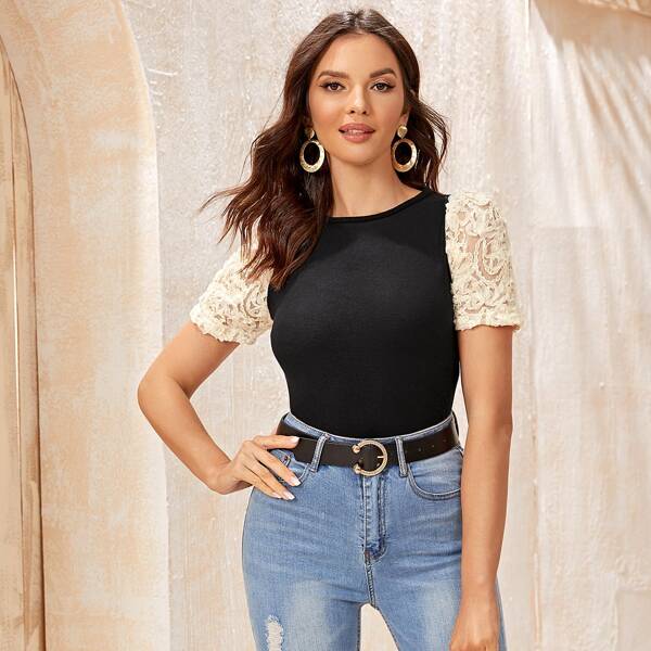 

Contrast Sleeve Appliques Slim Tee, Black