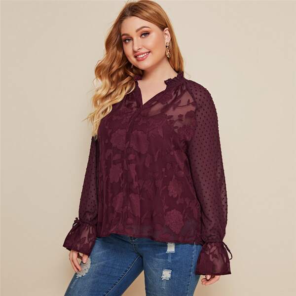 

Plus Raglan Sleeve Floral Applique Jacquard Sheer Chiffon Blouse, Burgundy