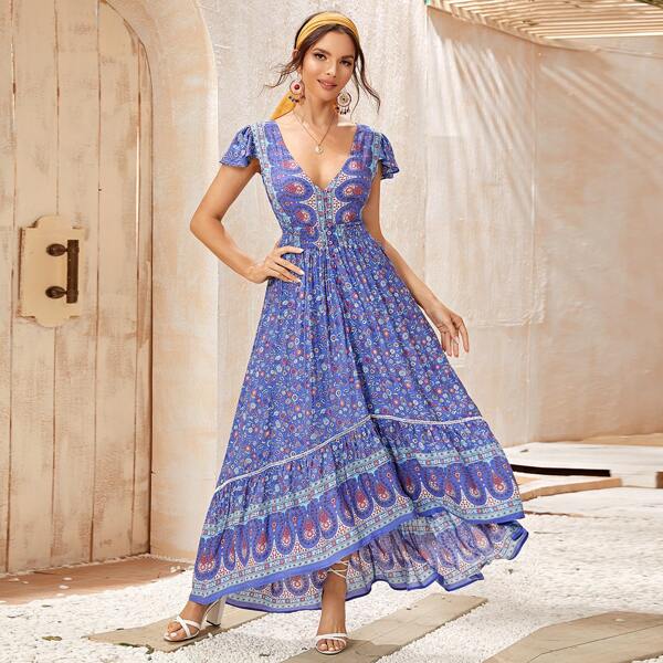 

Geo Print Self-Tie Maxi Dress, Blue