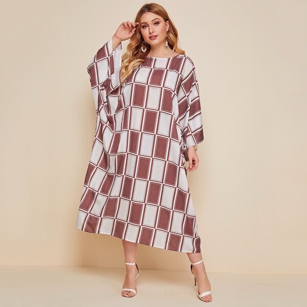 

Plus Batwing Sleeve Scarf Print Tent Dress, Burgundy