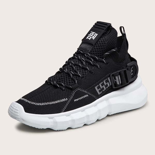 

Men Buckle Decor Lace-up Wide Fit Sneakers, Black