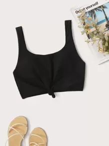 Knot Front Bikini Top, For Summer Beach Vacation - Black - View 1