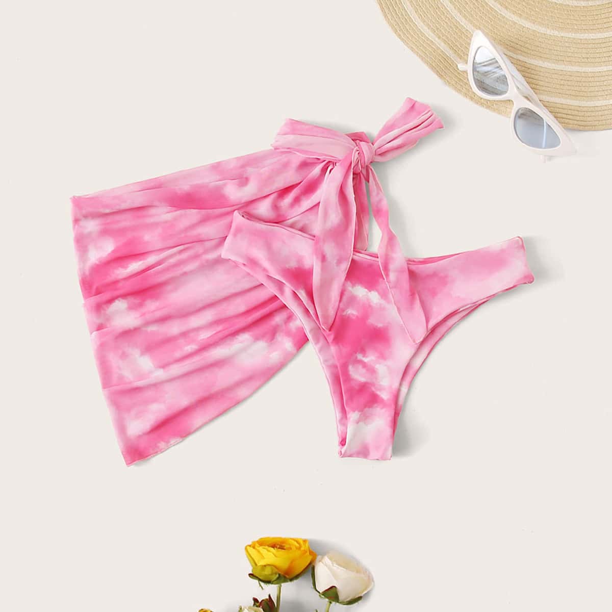 

2pack Tie Dye Bikini Panty With Beach Skirt, Pink